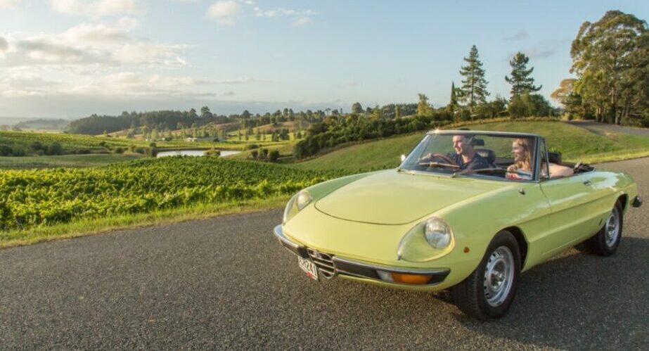Alfa Spider S2 Rent a classic alfa spider couple overlooking nelson vineyard
